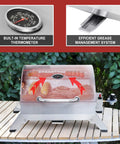 Stainless Steel Portable Tabletop Gas Grill With 10000 BTU Power, featuring thermometer and grease management, ideal for camping.