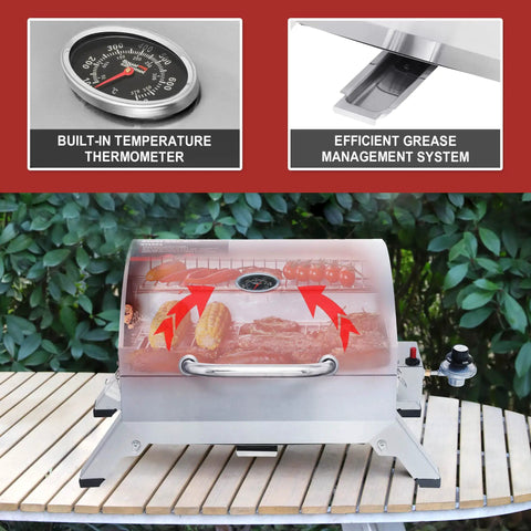Stainless Steel Portable Tabletop Gas Grill With 10000 BTU Power, featuring thermometer and grease management, ideal for camping.