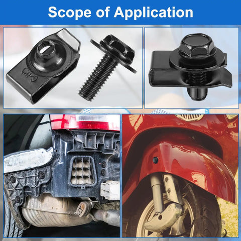 M6-1.0 Body Bolts And Extruded U Nut Clips Bulk Kit with clips and screws for car panels and fenders, showcasing various applications.