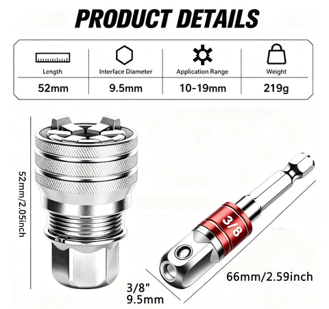 Two Piece Universal Socket Wrench Set For Three Eighths Inch Drive Fits Ratchet Torque Wrench And Power Drill DIY Ready Adjustable Multi Function Tool Built From Hardened Steel For Maximum Durability, 3/8 drive, 52mm