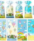 Colorful Hot Air Balloon Party Favor Bags With Ties Rainbow Cartoon Bus Theme Clear Cellophane Candy Snack Bags Includes 100 Bags and 150 Knotted Ribbons, 10.8 x 5 in size.