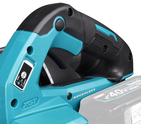 Heavy Hitter 40 Volt Cordless Circular Saw With Dual Five Amp Hour Battery Packs And A Precision 235 Millimeter Cutter Blade, close-up of ergonomic handle.
