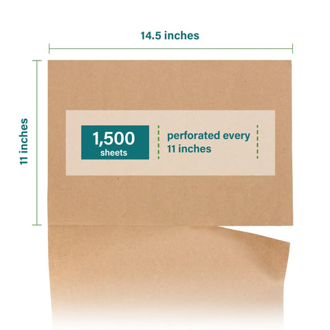 Brown Kraft Packing Paper Sheets For Moving And Shipping 1500 Count 1375 Feet Total 14.5 By 11 Inch Sheets Eco Friendly Void Fill Packaging Made In The USA Heavy Duty Wrapping Paper For Fragile Items shown with dimensions.