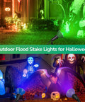Heavy Duty Weatherproof Outdoor Halloween Flood Lights 120V With Six Foot Extension Cord Two Pack illuminating spooky decorations.