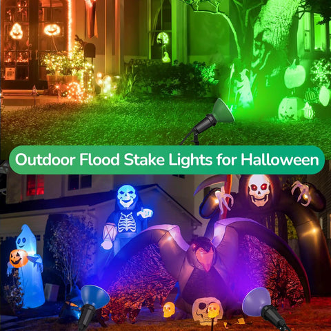 Heavy Duty Weatherproof Outdoor Halloween Flood Lights 120V With Six Foot Extension Cord Two Pack illuminating spooky decorations.