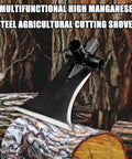 Heavy Duty Manganese Steel Garden Shovel Set For Landscaping And Outdoor Cleanup displayed against wooden logs