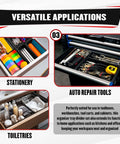 Versatile applications of 46 Piece Toolbox Organizer Tray Divider Set For Tool Chests, Drawers And Workbenches shown with stationery, toiletries, and auto repair tools.