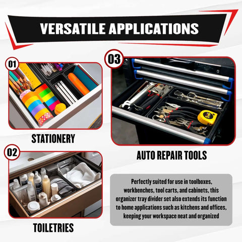 Versatile applications of 46 Piece Toolbox Organizer Tray Divider Set For Tool Chests, Drawers And Workbenches shown with stationery, toiletries, and auto repair tools.