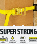 Heavy Duty E Track Ratchet Straps 2 Inch By 12 Foot 4 Pack Yellow Cargo Tie Downs securing box on wall with strength icons.