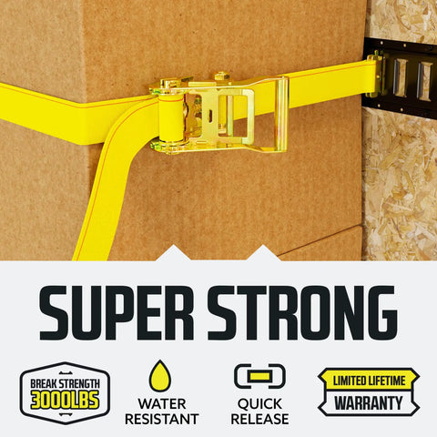 Heavy Duty 2 Inch By 12 Foot Ratchet Tie Down Straps Pack Of 10 In Bright Yellow With E Track Fittings, 3000 Lb Break Strength