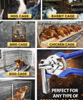 Image of various cages for hogs, rabbits, birds, chickens, and dogs next to Heavy Duty Hog Ring Pliers Kit With 600 Galvanized Hog Rings - Workhorse Manganese Steel Tool For Fencing, Animal Cages, Upholstery And Wire Railing Repair, Red Finish, All In One Quick Fix Set.
