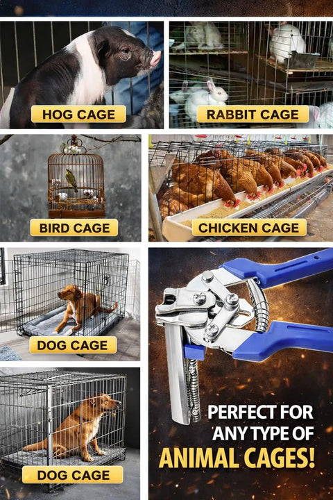 Image of various cages for hogs, rabbits, birds, chickens, and dogs next to Heavy Duty Hog Ring Pliers Kit With 600 Galvanized Hog Rings - Workhorse Manganese Steel Tool For Fencing, Animal Cages, Upholstery And Wire Railing Repair, Red Finish, All In One Quick Fix Set.