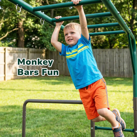 Child playing on 3 In 1 Monkey Bars Set With Gymnastics Bars And Trapeze Swing For Backyard Fun, Heavy Duty Metal Frame Supports Up To 400 Lbs