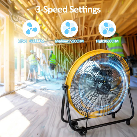 Beast 24 Inch Industrial Drum Fan High Velocity Heavy Duty Metal Blower 8800 CFM 3 Speed Tilt 360 Degree in construction area