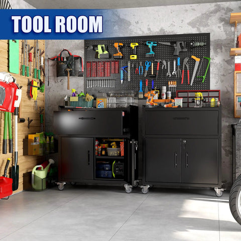 35 Inch Adjustable Tool Storage Cabinet With Silent Glide Lockable Casters And Industrial Grade Secure Latch For Zero Drama Garage Organization In Matte Black in tool room.