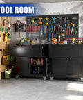 35 Inch Adjustable Shelf Tool Storage Cabinet With Rollin Smooth Locking Casters And Locked Tight Heavy Duty Frame For Professional Garage Workspace Setup In Deep Matte Black in tool room.
