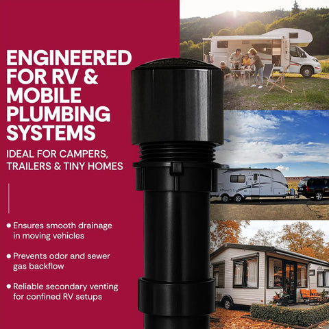 Kickass 1.5 Inch Male Threaded Air Admittance Valve For RV Secondary Venting With Rock Solid Spring Mechanism And Schedule 40 ABS Compatibility.