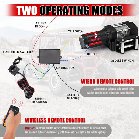 Image showing 12V 3500LBS ATV UTV Electric Winch with Steel Cable, Wireless Remote Roller Fairlead, and wiring diagram for installation.