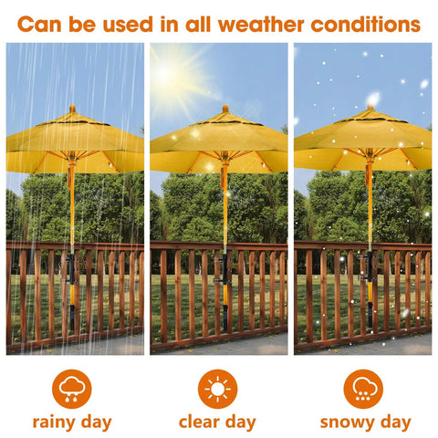 Built Tough Heavy Duty Adjustable Metal Patio Umbrella Holder Clamp Stand For Deck Railing in rainy, clear, snowy weather