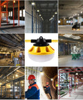100 Ft LED Construction String Lights With 10 Bulbs On E26 Sockets, 100W Total, illuminating indoor and outdoor work sites.