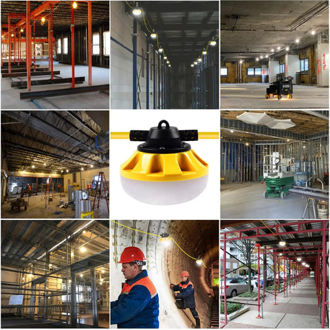 100 Ft LED Construction String Lights With 10 Bulbs On E26 Sockets, 100W Total, illuminating indoor and outdoor work sites.