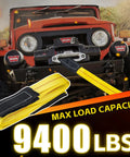 2-pack yellow lifting straps with black loop ends and red center stitching, 9400 lb capacity