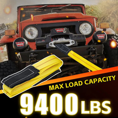 2-pack yellow lifting straps with black loop ends and red center stitching, 9400 lb capacity