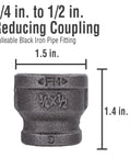 Dope Reducing Coupling Three Quarters Inch To One Half Inch Pipe Decor Black Malleable Iron Fittings For DIY Vintage Industrial Pipe Furniture Build And Regular Plumbing Projects Six Pack Sturdy Construction 3/4 to 1/2 in black malleable iron reducing coupling