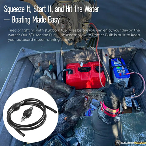 Three Eighths Inch Fuel Line Assembly With Six Foot Nylon Braided Marine Fuel Hose, Primer Bulb And Stainless Clamps on boat deck
