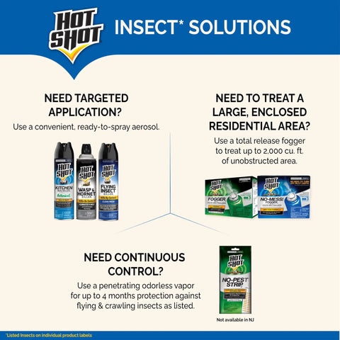 Hot Shot insect solutions with aerosol, fogger, and No Pest Strip Insect Killer That Kills Flying And Crawling Bugs With Odorless Vapor 2.29 Ounces.