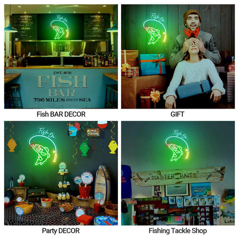 Neon Fishing Sign with Green Fish and Ice Blue Lemon Rods USB Powered Acrylic Wall Art for various decor settings
