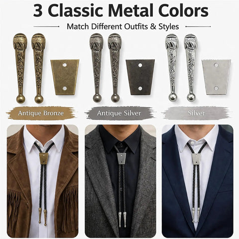 Three Pack Bolo Tie Findings Kit With Iron Slide Clasp Buckle, Alloy End Tips, And Braided Leather Cords For Men And Women, DIY Necktie Jewelry Making Supplies, antique bronze