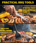 Complete 5 Piece BBQ Grill Tool Set With Spatula Fork Tongs Basting Brush And Cleaning Brush For Outdoor Grilling shown in use with food