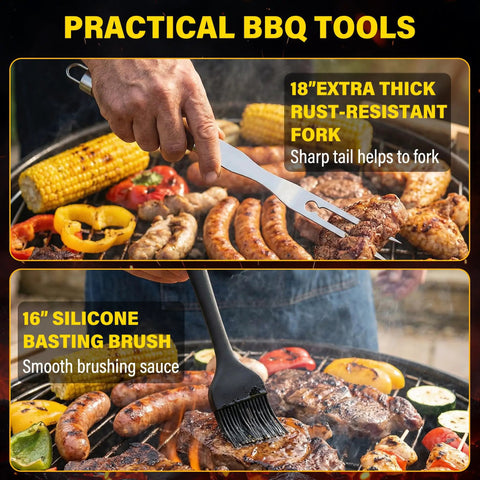 Complete 5 Piece BBQ Grill Tool Set With Spatula Fork Tongs Basting Brush And Cleaning Brush For Outdoor Grilling shown in use with food