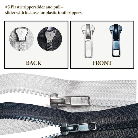 12 Piece Zipper Repair Kit With Locking And Non Locking Sliders And Top And Bottom Stops For Coats Jackets Backpacks Bags And Metal Or Plastic Zippers For On The Go Fix, showing plastic slider front and back views on zippers.