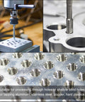 Pro Grade 5/8-11 UNC HSS Thread Milling Tap With 4 Straight Flutes cutting metal, showing clean threading process