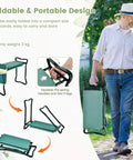 Foldable garden kneeler and seat bench with EVA foam pad and tool pouch, portable design for gardening, supports 330 lbs.