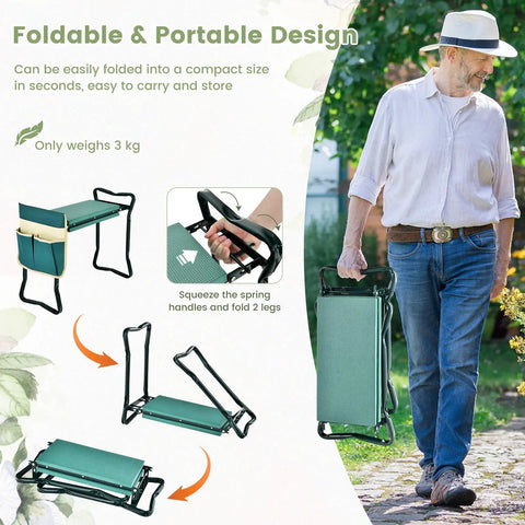Foldable garden kneeler and seat bench with EVA foam pad and tool pouch, portable design for gardening, supports 330 lbs.