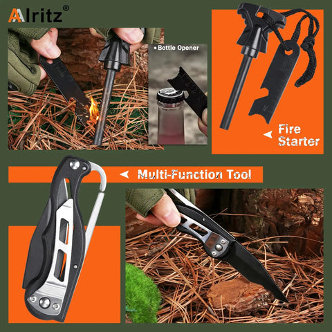 12 In 1 Outdoor Survival Kit For Camping And Hiking Enthusiasts showing fire starter and multifunction tool features