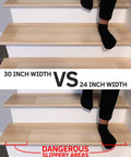 Person demonstrating 6x30 Inch Clear Non Slip Stair Treads Tape 14 Pack For Indoor And Outdoor Use Anti Slip Grip Strips on stairs.