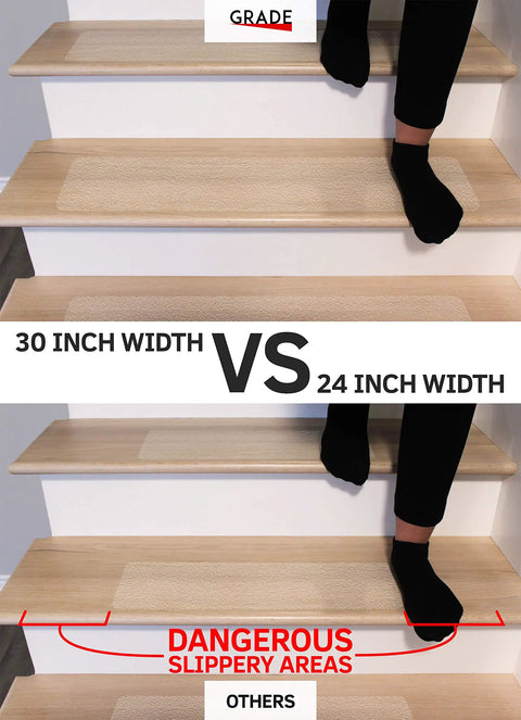 Person demonstrating 6x30 Inch Clear Non Slip Stair Treads Tape 14 Pack For Indoor And Outdoor Use Anti Slip Grip Strips on stairs.