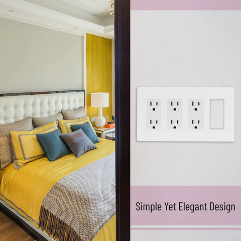 Screwless 4 Gang Decorator Wall Plate White Polycarbonate Outlet Cover Unbreakable Impact Resistant Durable Flush Mount Wall Plate for Clean Outlet Installations 8.3 Inches By 4.67 Inches in modern bedroom setting