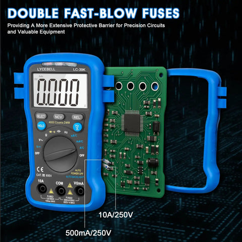 Beefy 4000-Count Auto-Ranging Digital Multimeter Kit with open circuit board showing internal components and blue casing