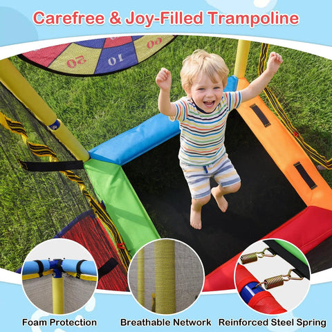 Child jumping on trampoline section of 6 In 1 Backyard Swing Set With Trampoline, Slide, Saucer Swing, Belt Swing, Dartboard, And Basketball Hoop