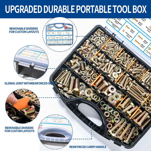 Beefy Heavy Duty Metric Bolts And Nuts Kit With Washers Grade 8.8 Alloy Steel Includes M4 M5 M6 M8 M10 Bolts And Nuts 1100 Piece Assortment Yellow Zinc Plated Lengths 12 To 40 Mm Great For DIY Projects in plastic case with dividers