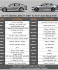 Comparison chart for sedan models fitting A2 car cover size, 186" to 193" sedan length, various brands including Acura, BMW, Lexus
