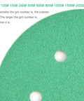 Close-up of 50Pcs 6 Inch 6 Hole Wet Dry Sanding Discs Assortment Set Green Film Back showing grit texture and holes