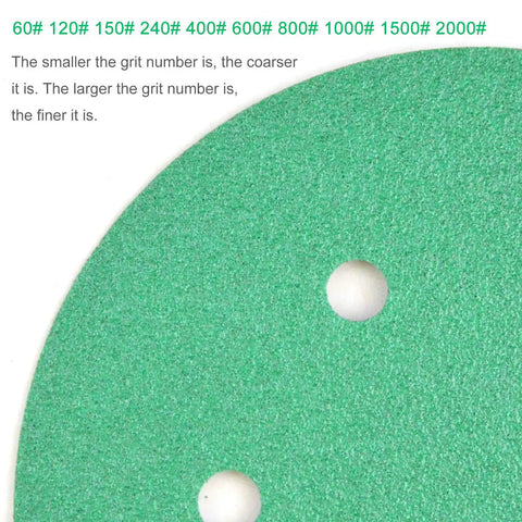 Close-up of 50Pcs 6 Inch 6 Hole Wet Dry Sanding Discs Assortment Set Green Film Back showing grit texture and holes
