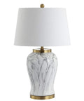 28-Inch White And Gold Ceramic Marble LED Table Lamp With Hand-Painted Faux Marble Base And White Linen Drum Shade For Living Room And Bedroom LED Bulb Included
