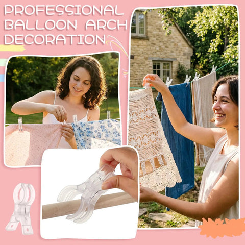 30 Pack Must Have Balloon Arch Clips Clear Plastic Spring Clamps being used to hold clothes on a line in various angles.